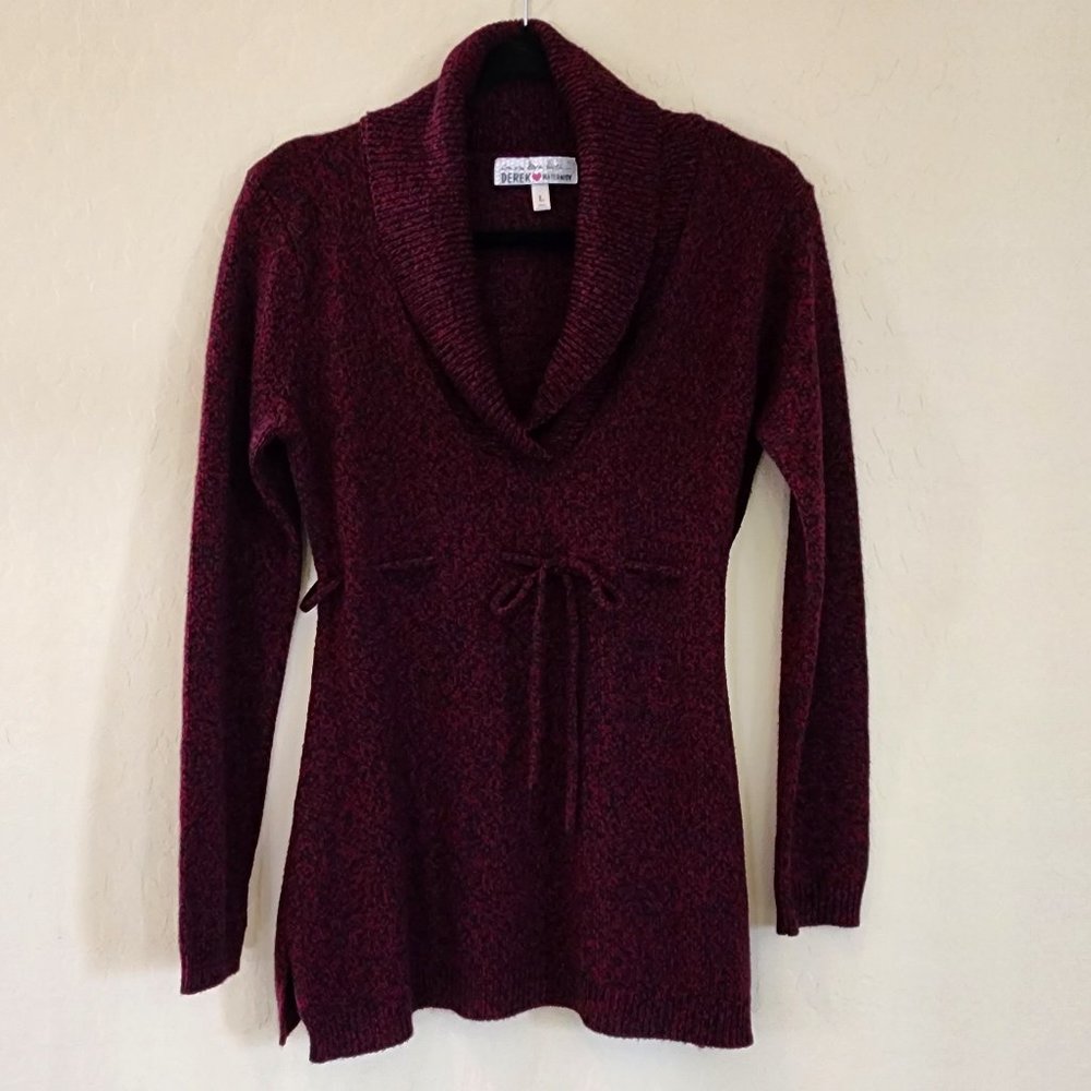 Maroon Long Sleeve Tie Waist V Neck Cowl Collar Top Blouse Knit Sweater
